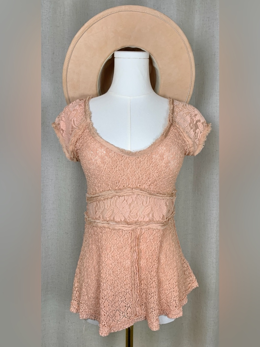 Free People Lace Sheer Peplum Top Dusty Rose Boho Peasant S